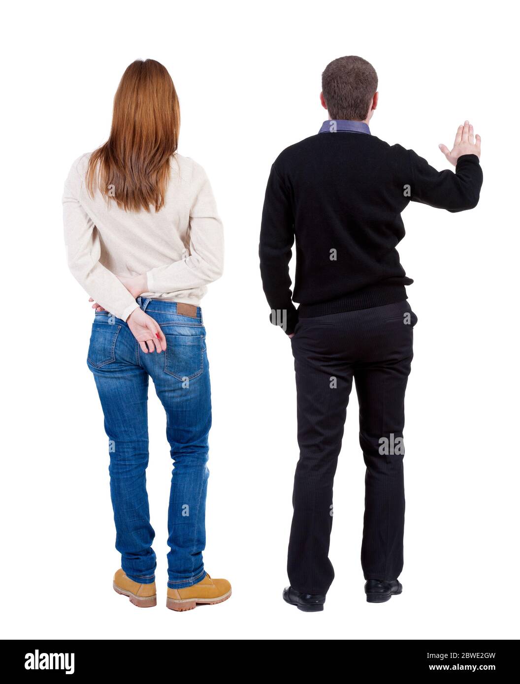 Back view couple in sweater. beautiful man and woman. Rear view people ...