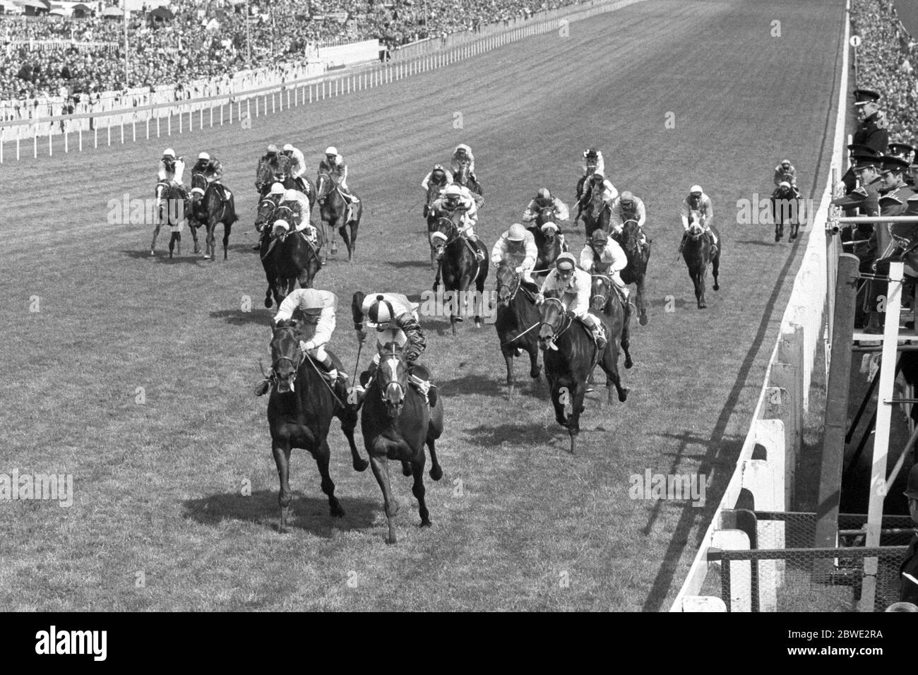 File photo dated 7-06-1972 of The photo finish to the Derby at Epsom, with Lester Piggott's mount Roberto (right foreground) just ahead of Rheingold (left), ridden by Ernie Johnson. A stewards' inquiry after the race left the placings unchanged.. Stock Photo