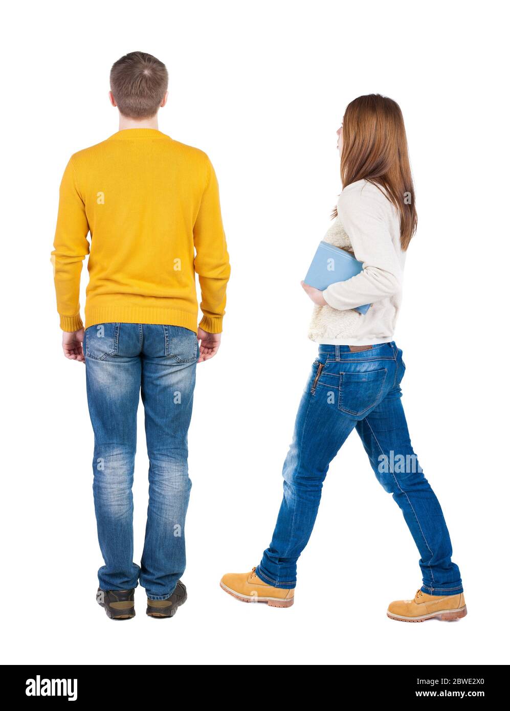 Back view couple in sweater. beautiful man and woman. Rear view people ...