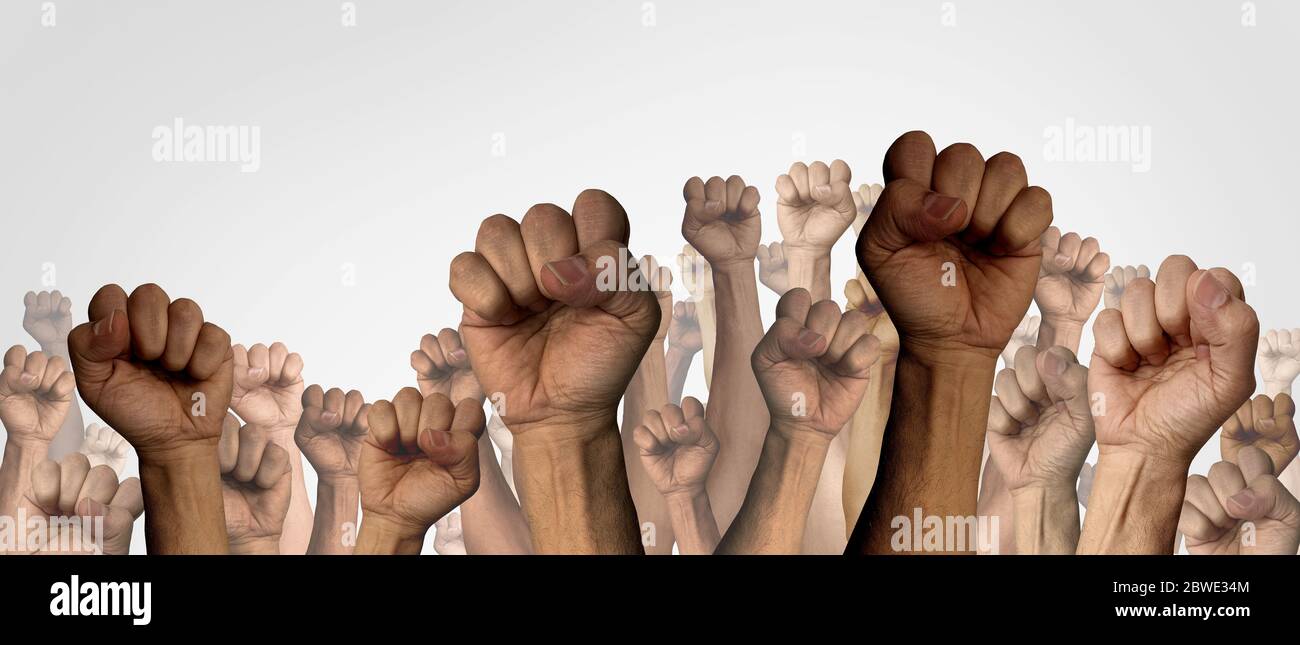 Crowd of protesters and angry protest group or protester unity and diversity partnership as hands in a fist of diverse people demontrating. Stock Photo