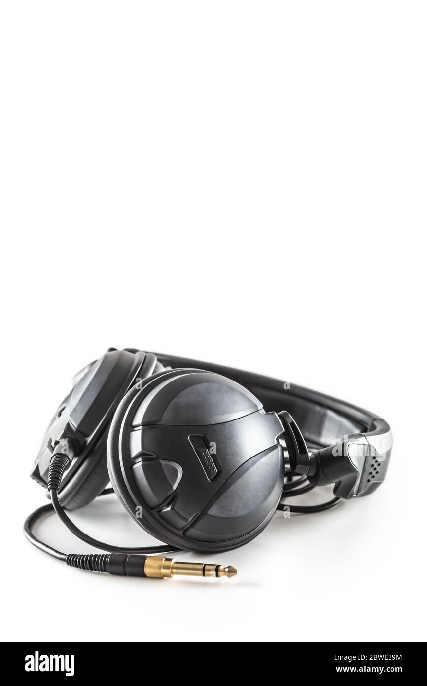Black headphones with a jack on an isolated background Stock Photo Alamy