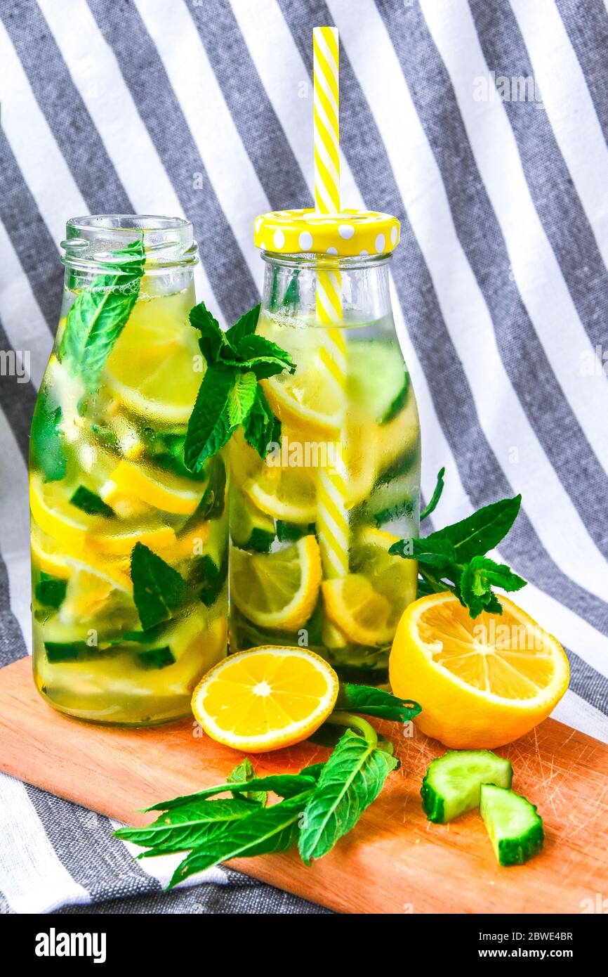 Fresh cool lemon cucumber mint infused water detox drink, summer refreshing drink Stock Photo