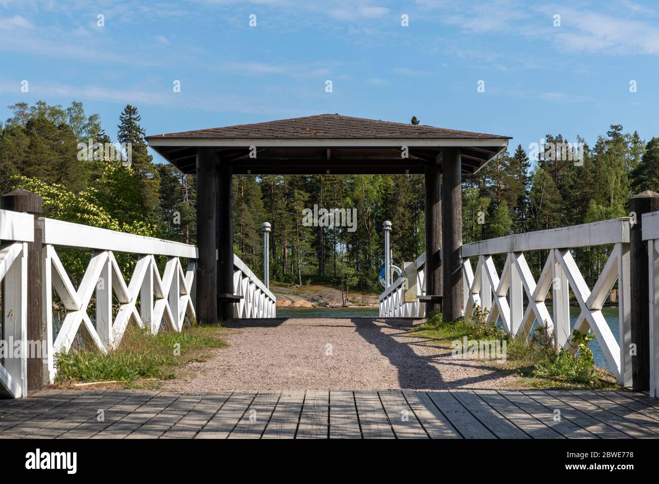 Classic Finnish pier and shelter in Espoo with no people in scene Stock Photo