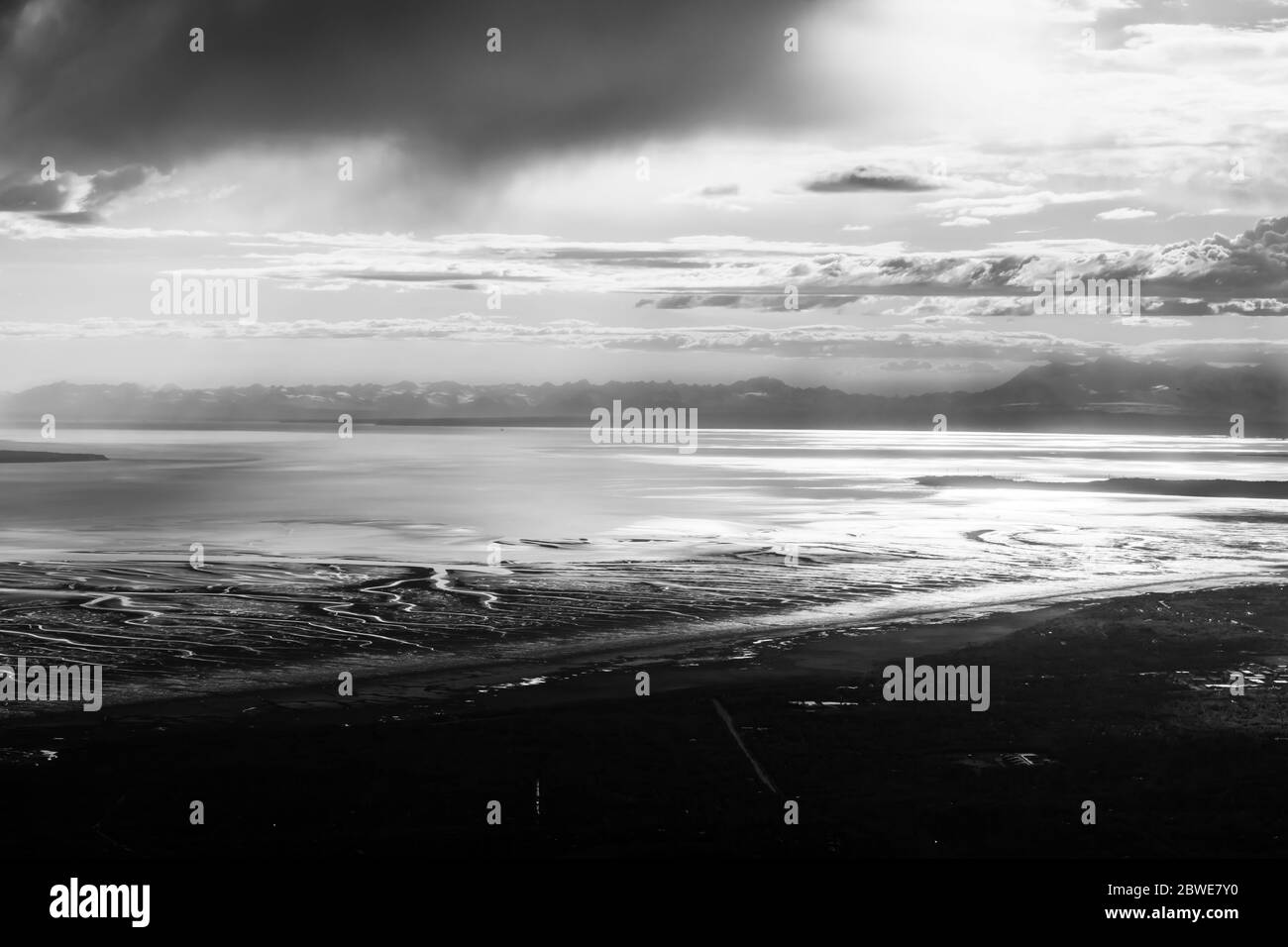 View from Flattop Mountain with Fire Island and Mout Spurr in the distance. Stock Photo