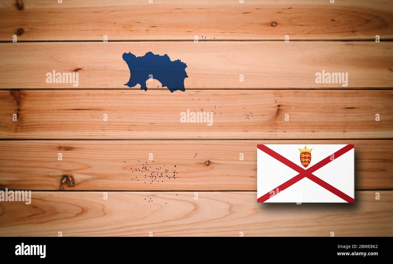 Jersey map and flag on wooden background, 3D illustration Stock Photo