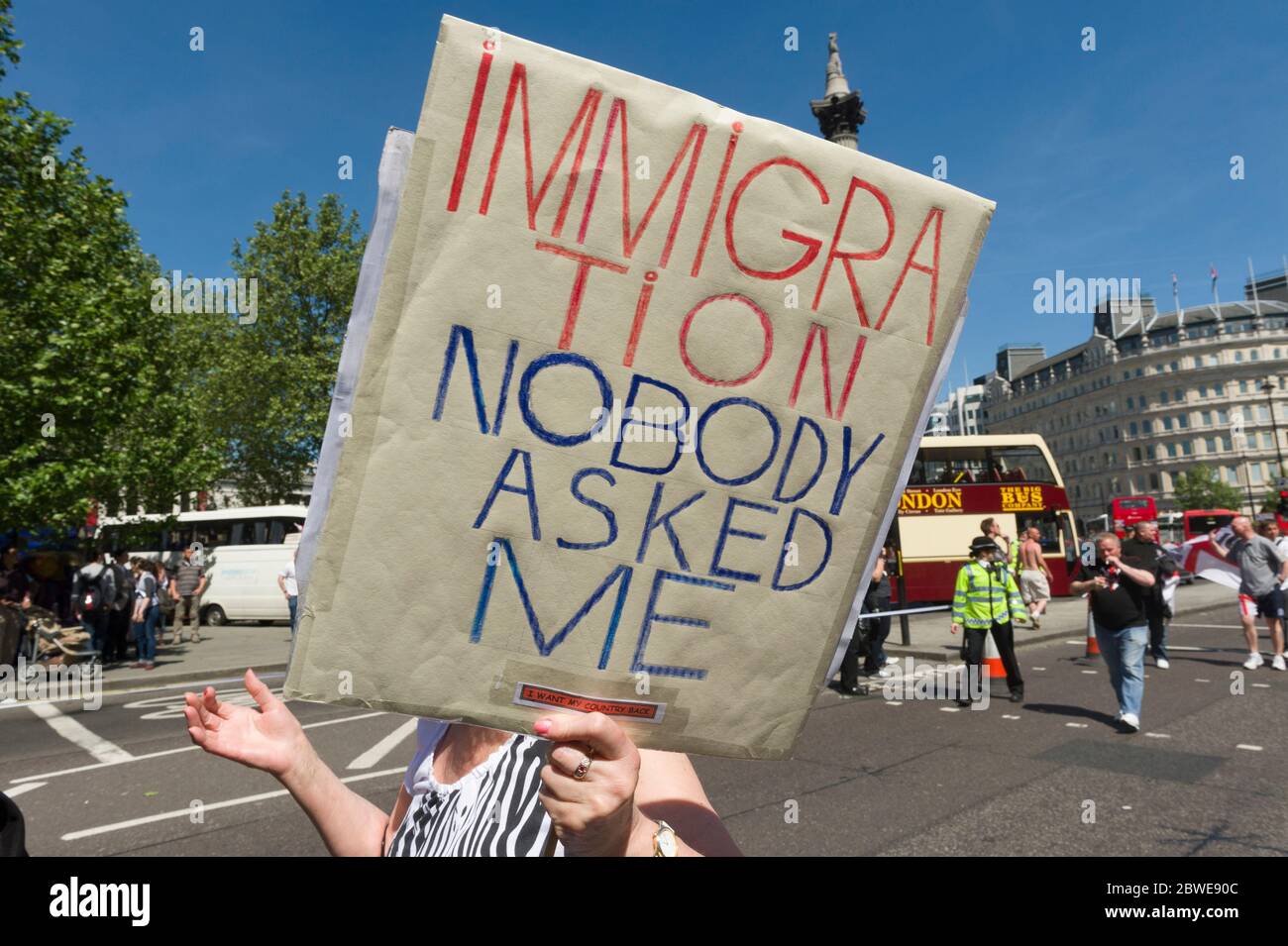 An anti immigration protester on  a march organised by group calling itself 'British Citizens Against Muslim Extremists'. The protest is about the per Stock Photo