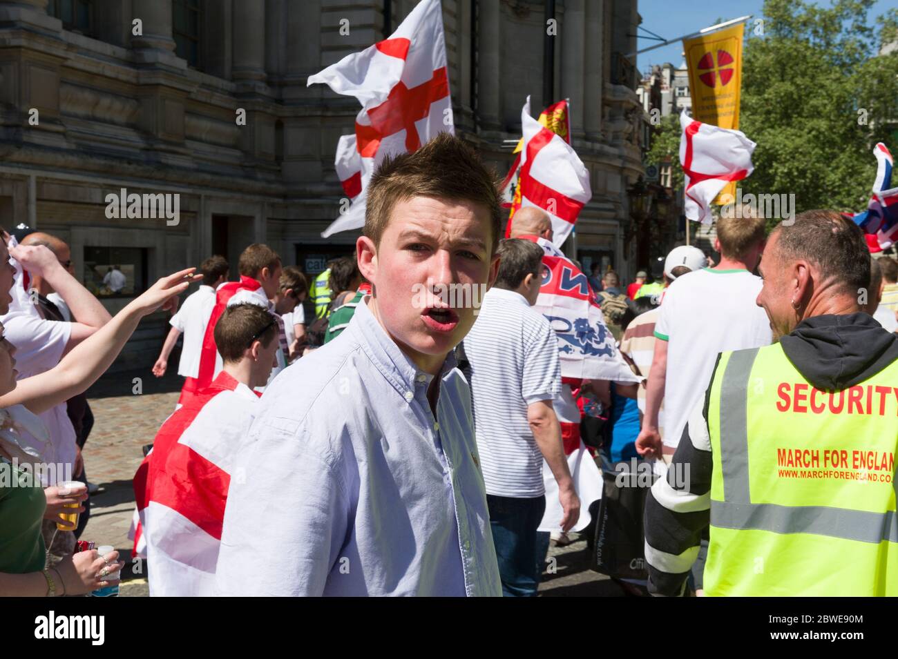 English Defence League (EDL) members on a March organised by group calling itself 'British Citizens Against Muslim Extremists'. The protest is about t Stock Photo
