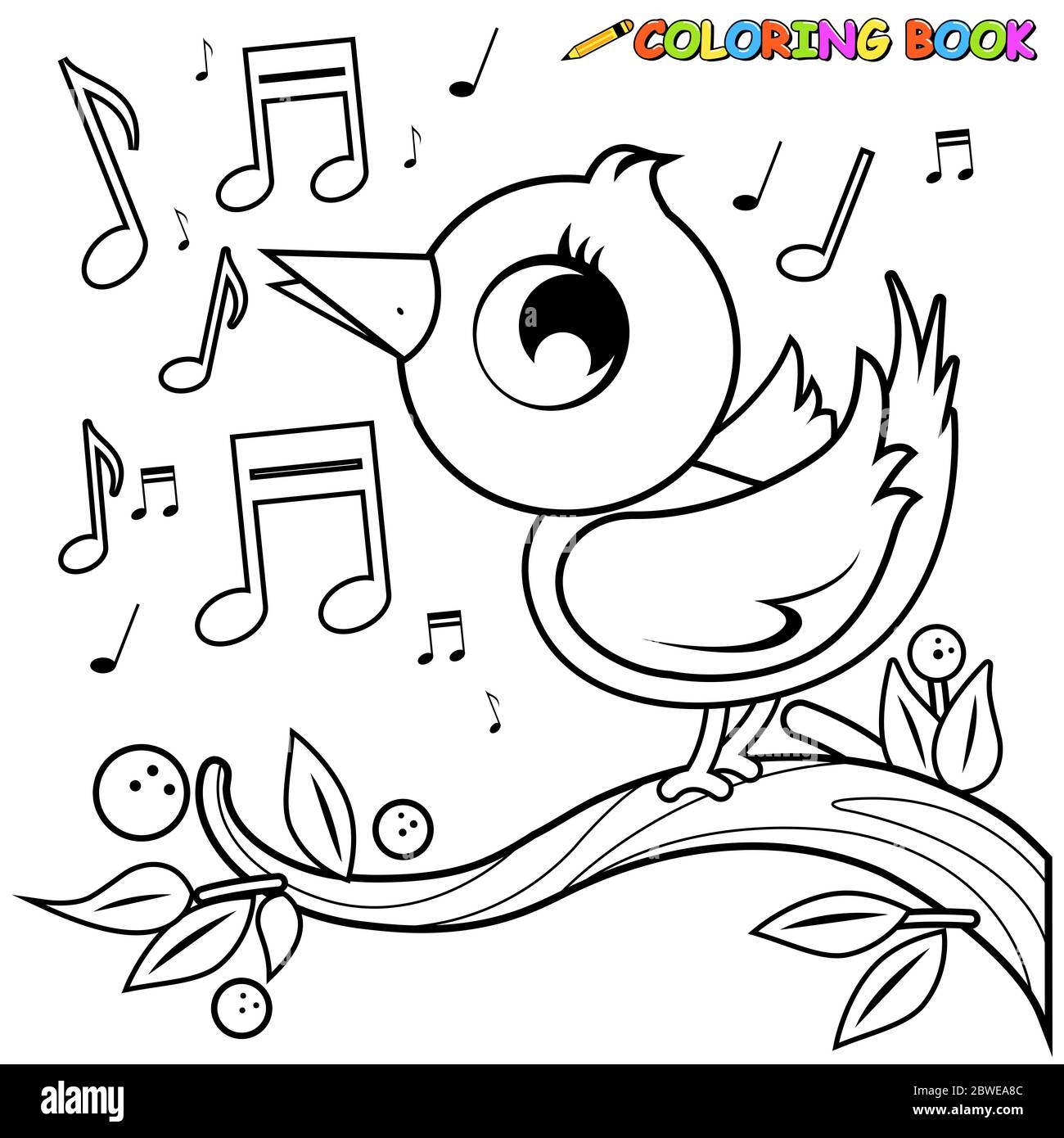 A cute bird singing. Black and white coloring page. Stock Photo