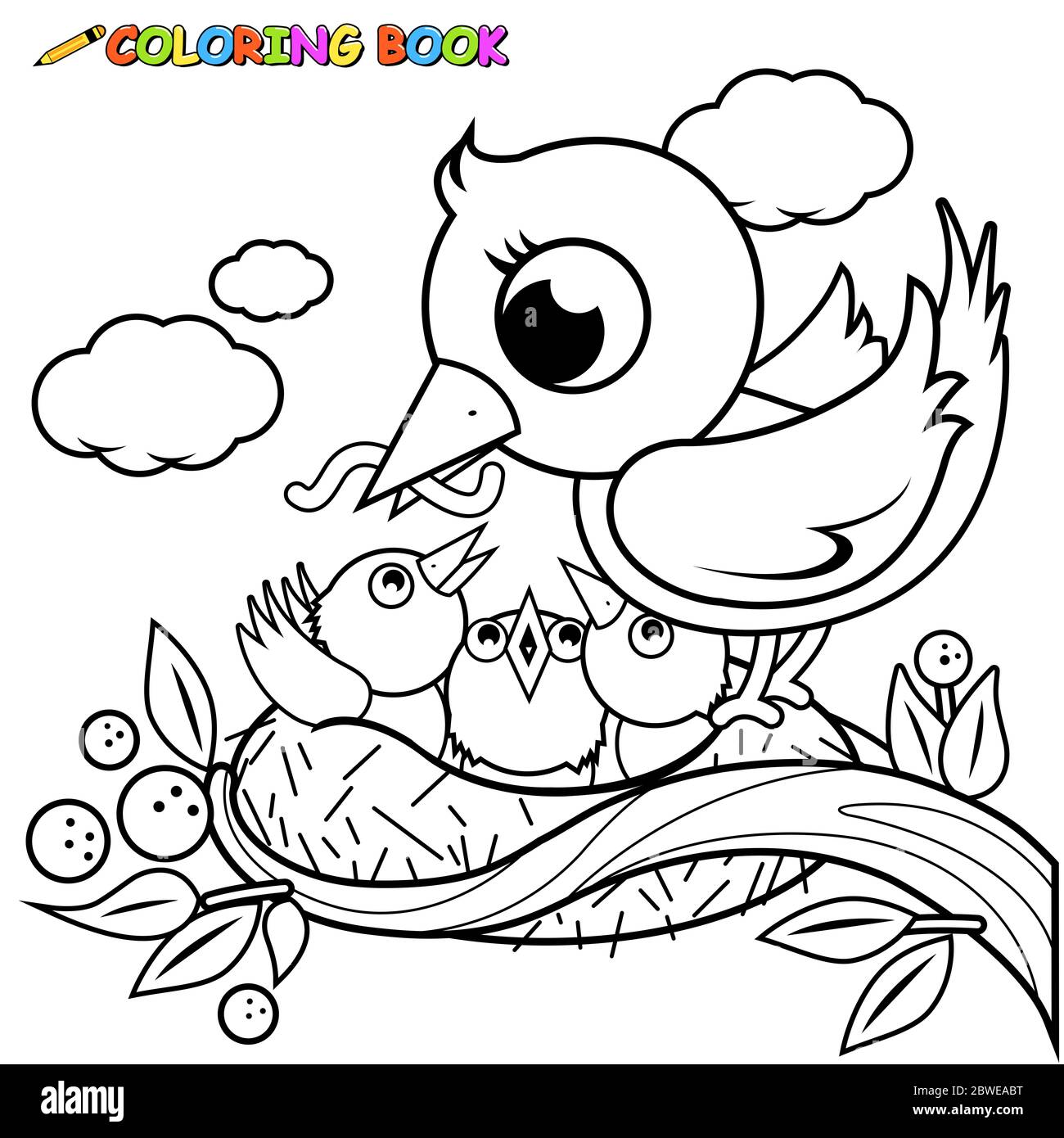 A cute bird feeding the young birds in the nest. Black and white coloring page. Stock Photo