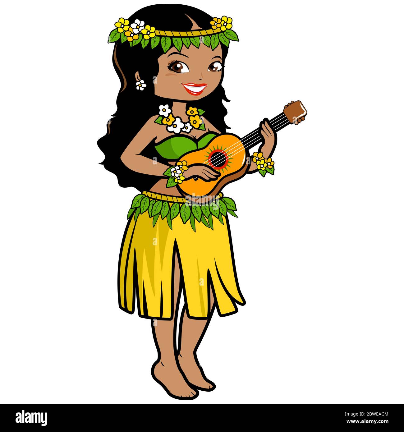 Hawaiian woman playing music with her guitar in a grass skirt and exotic flowers. Stock Photo