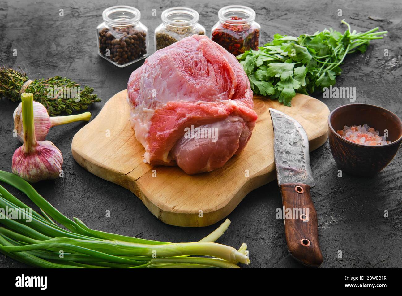 Raw fresh beef bottom round rump roast with spice and herbs Stock Photo