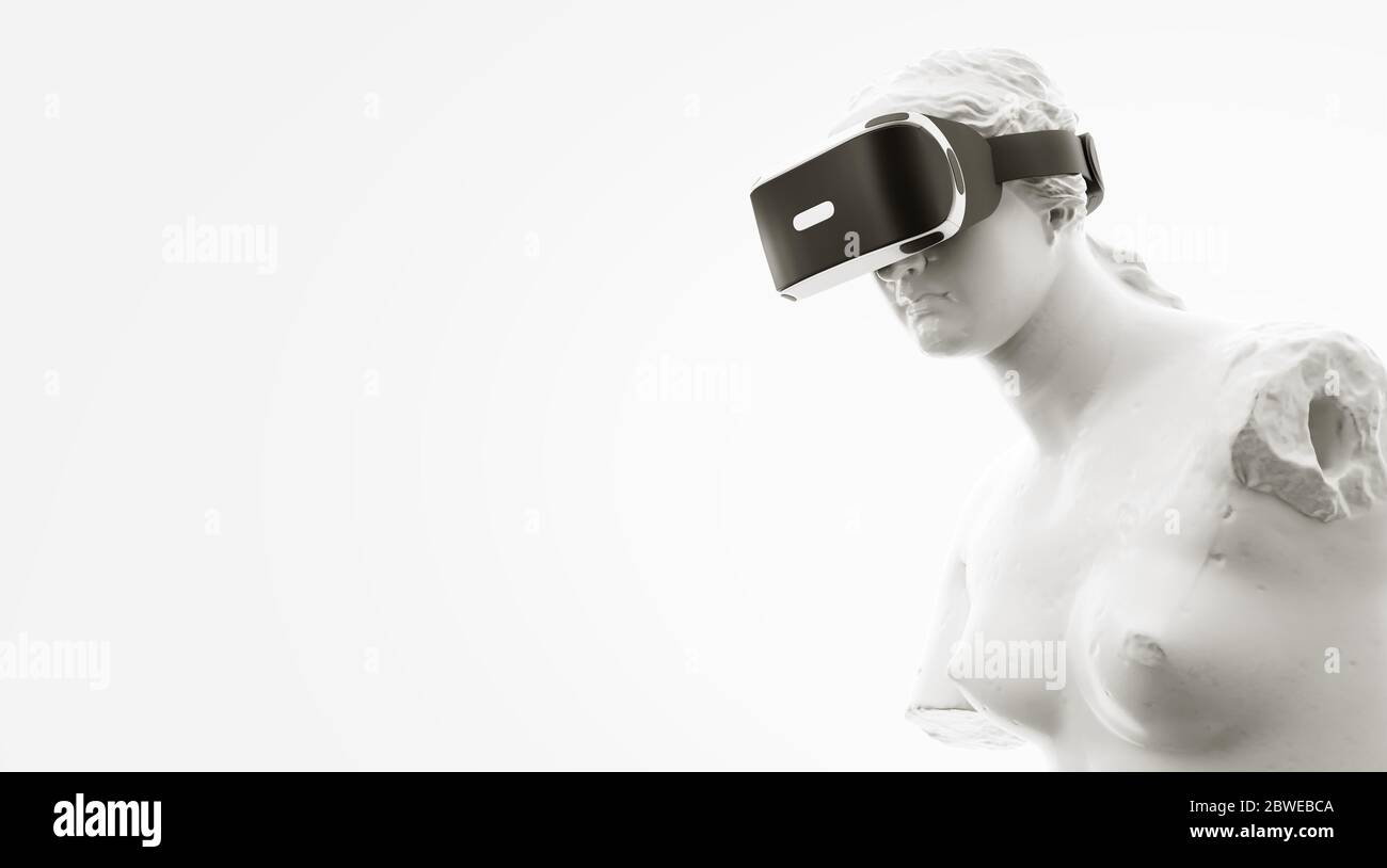 VR headset, future technology concept banner. 3d render of the white statue, woman wearing virtual reality glasses on white background. VR games. Than Stock Photo