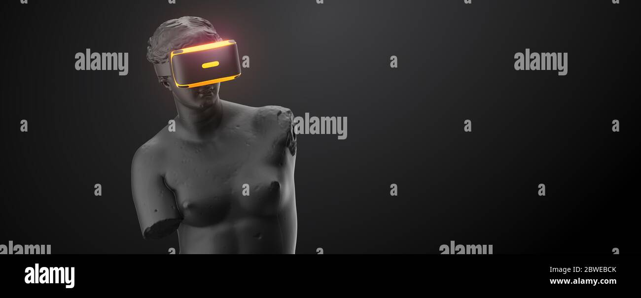 VR headset with neon light, future technology concept banner. 3d render of the statue, woman wearing virtual reality glasses on black background. VR g Stock Photo