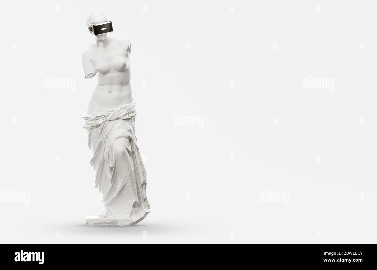 VR headset, future technology concept banner. 3d render of the white statue, woman wearing virtual reality glasses on white background. VR games. Than Stock Photo
