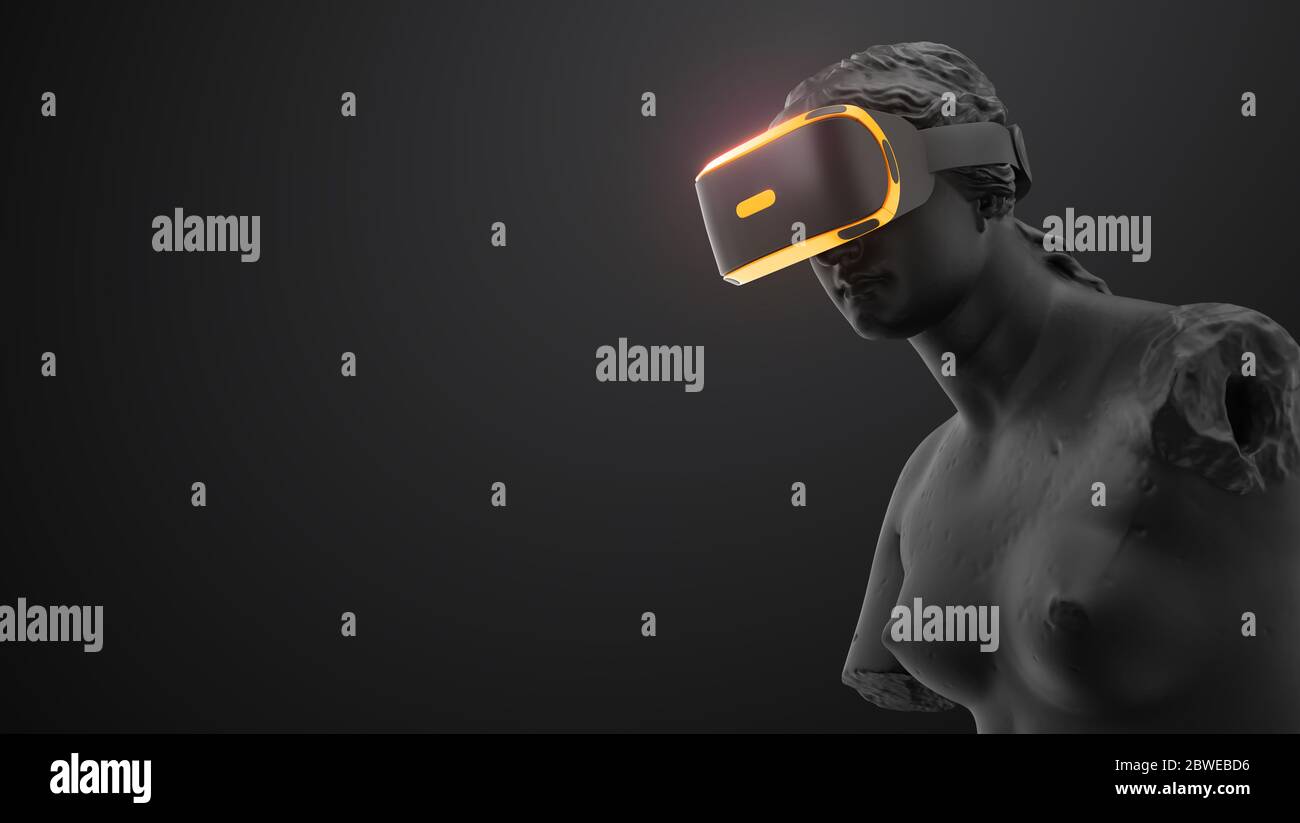 VR headset with neon light, future technology concept banner. 3d render of the statue, woman wearing virtual reality glasses on black background. VR g Stock Photo