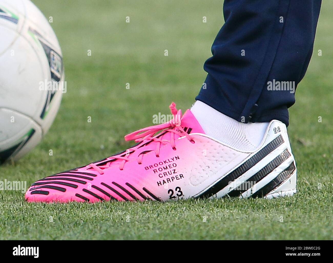 David Beckham wears pink football boots with his childrens names on them as  he came on as a substitute in LA Galaxy's 1-0 defeat to Chivas USA, Carson,  California. 19 May 2012
