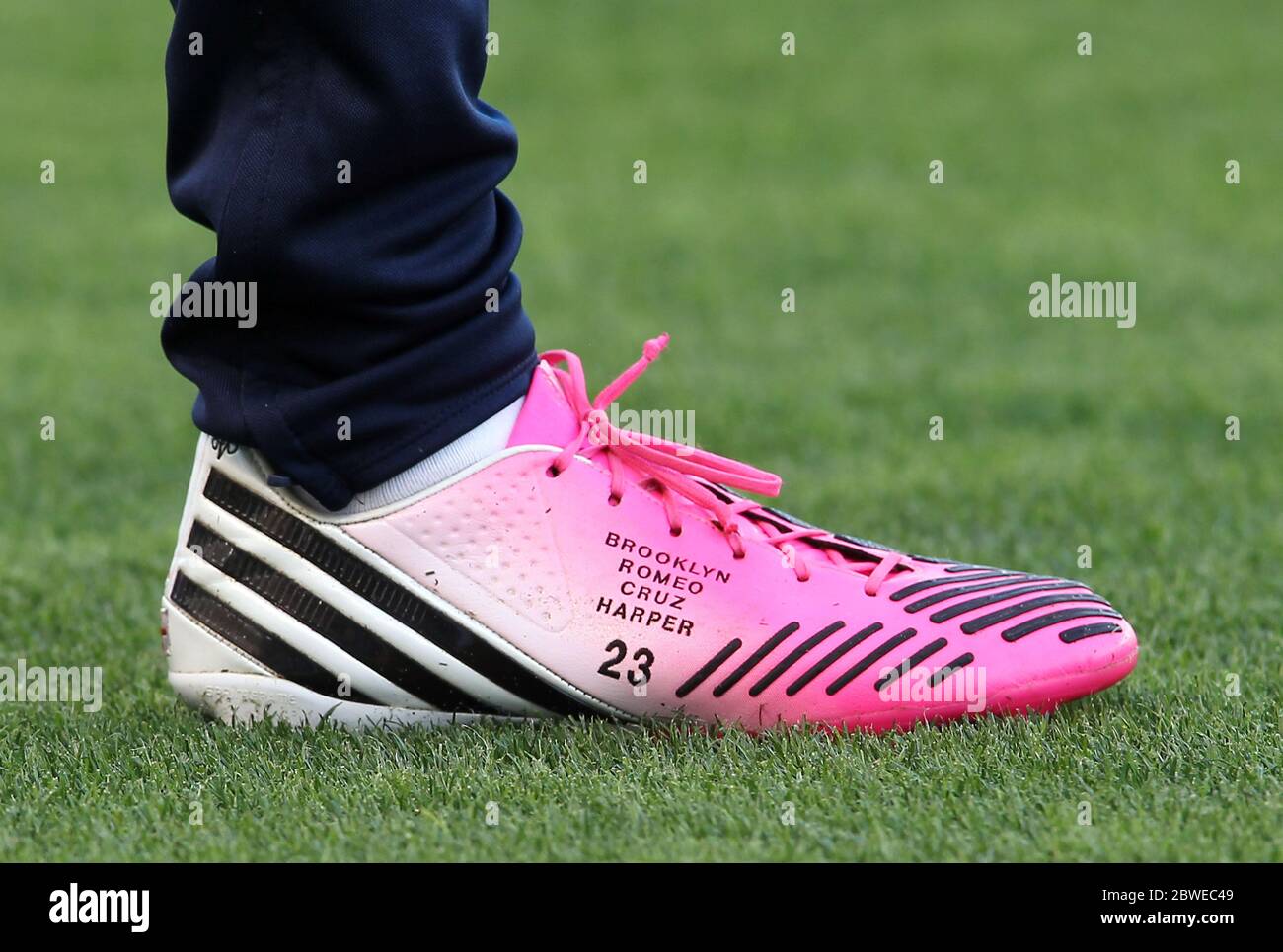 David Beckham wears pink football boots with his childrens names on them as  he came on as a substitute in LA Galaxy's 1-0 defeat to Chivas USA, Carson,  California. 19 May 2012