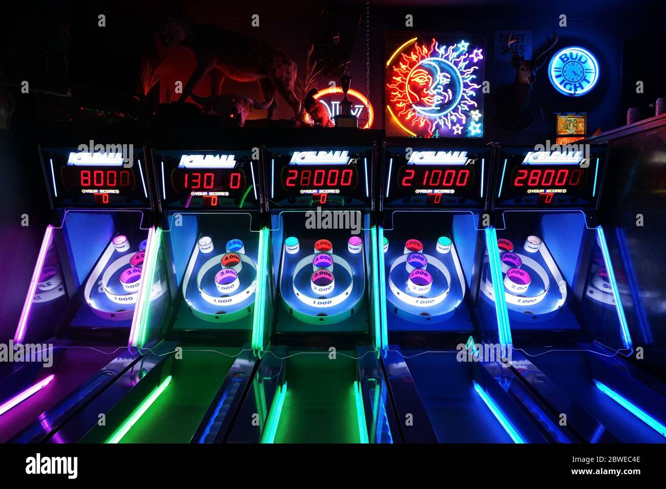 Interior design and decoration of local night club and alcohol lounge  decorated with arcade station and video games- Missouri, United States  Stock Photo - Alamy