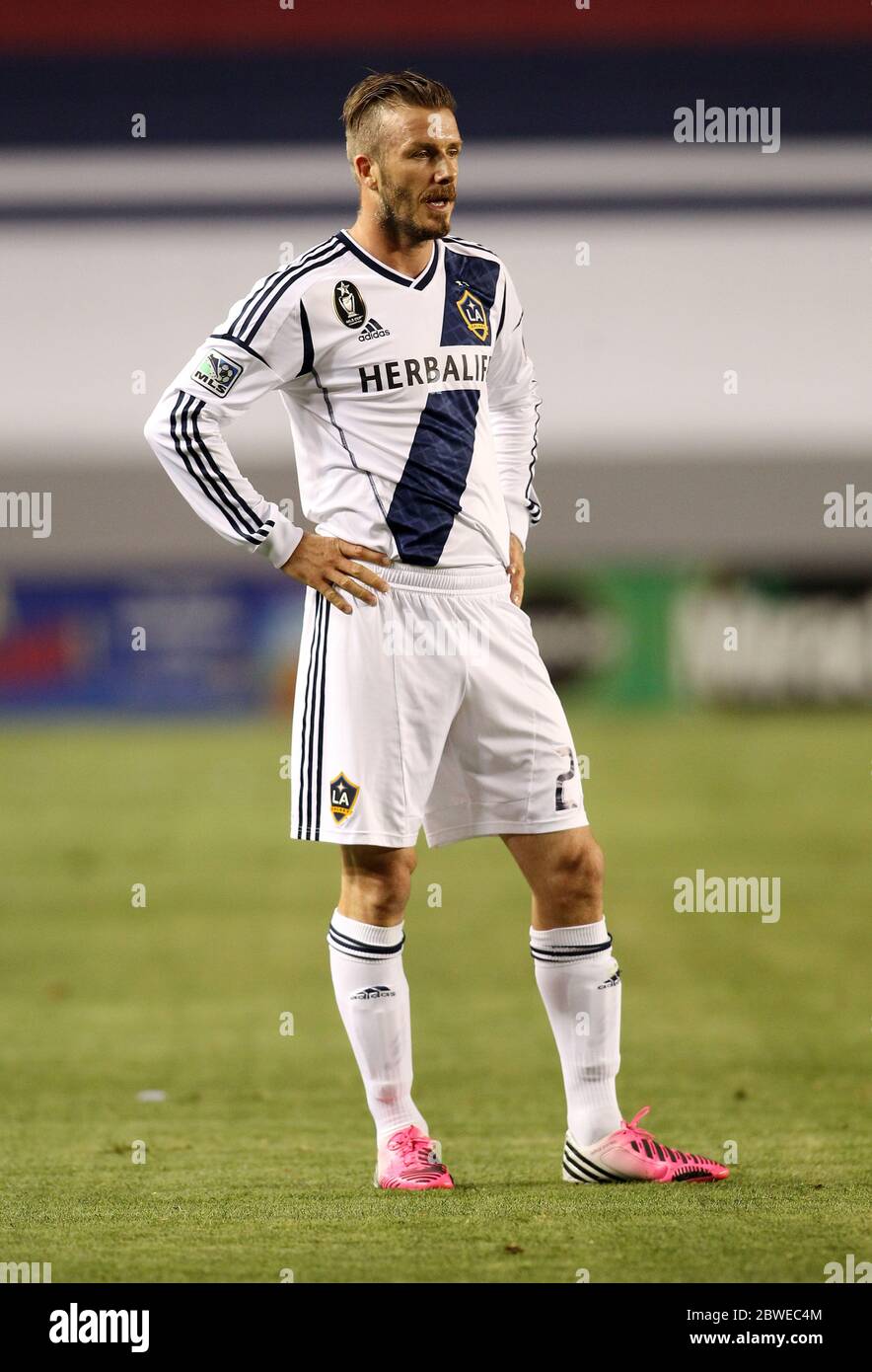 David Beckham wears pink football boots with his childrens names on them as he came on as a substitute in LA Galaxy s 1 0 defeat to Chivas USA Carson California. 19 May 2012