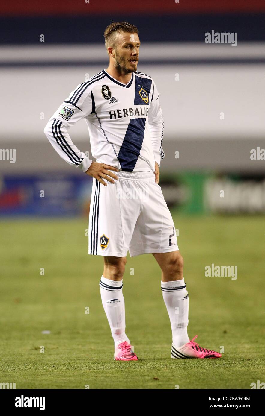 David Beckham wears pink football boots with his childrens names on them as  he came on as a substitute in LA Galaxy's 1-0 defeat to Chivas USA, Carson,  California. 19 May 2012