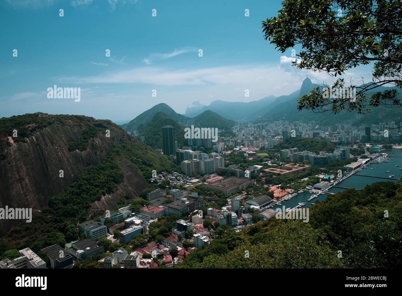 View of the Sugar Loaf in Botafogo, a mountain, and a landscape of Rio de Janeiro from a cable car, Brazil. Stock Photo