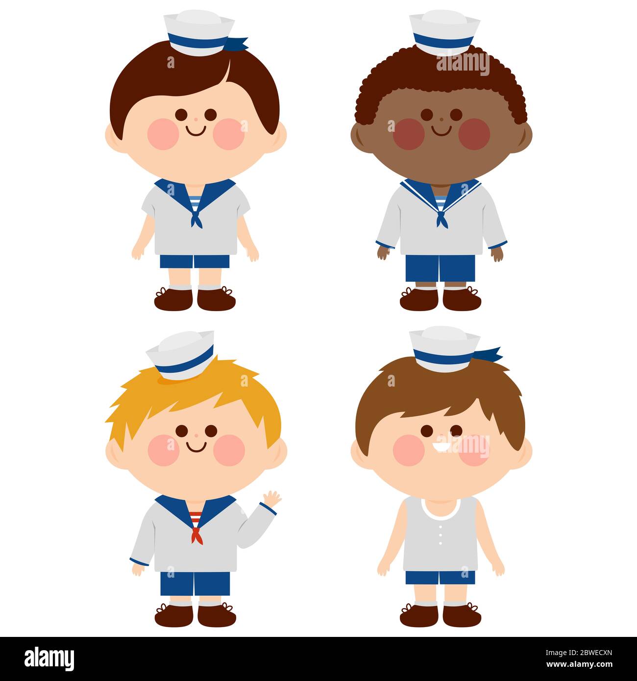 Diverse children dressed in nautical sailor outfits. Stock Photo
