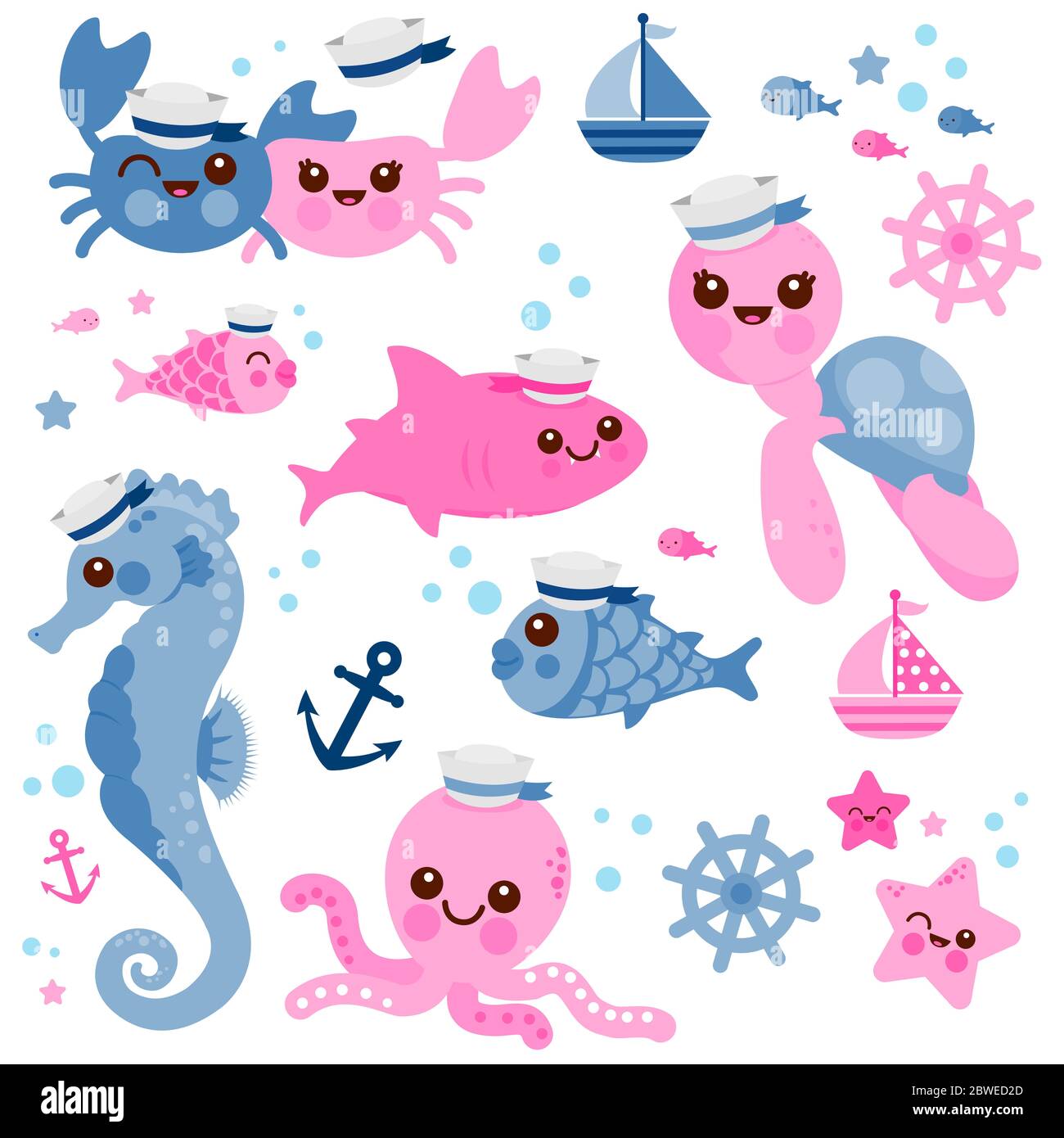 Baby sea animals. Marine nautical illustration set Stock Photo