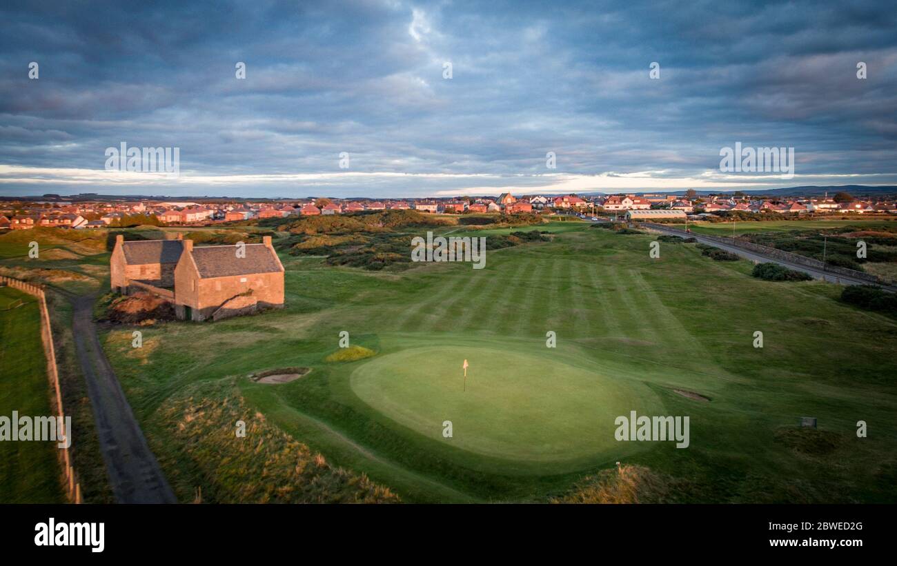 An aerial view of St Nicholas Golf Course from the beach at Prestwick on the South West of Scotland Coast. Stock Photo