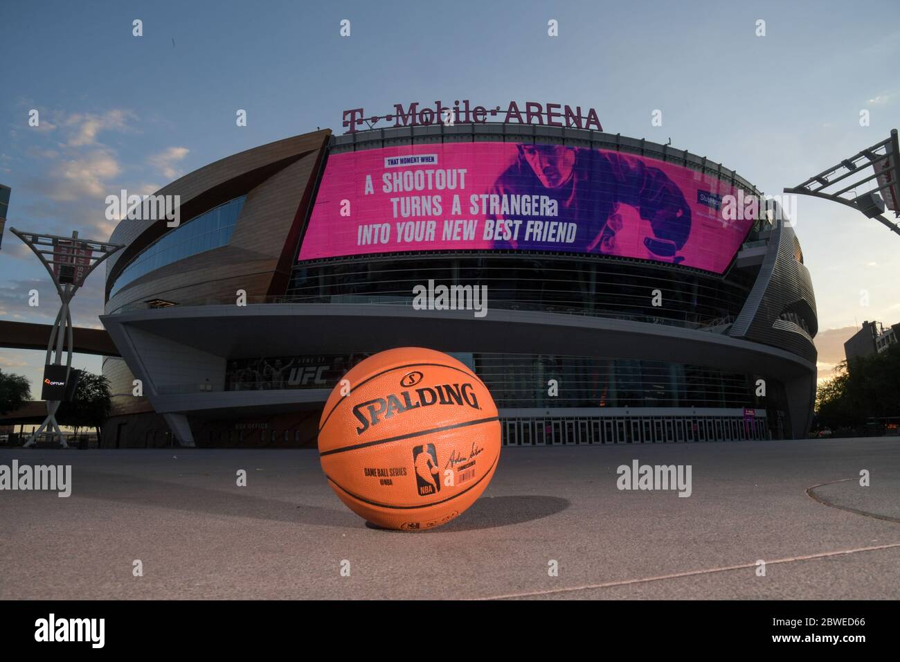 Las Vegas, United States. 28th May, 2020. A Spalding NBA basketball at the  T-Mobile Arena on Thursday, May 28, 2020, in Las Vegas. The arena located  behind the New York-New York Hotel