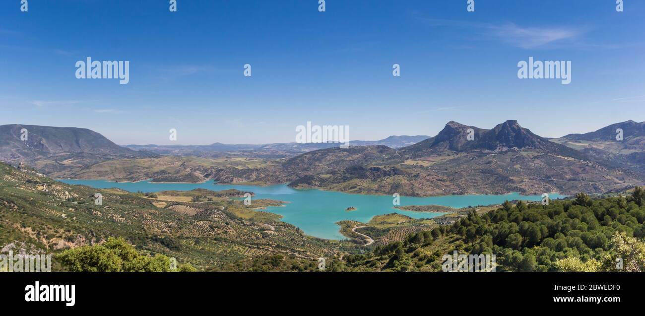 Panorama of the turquoise lake near Zahara de la Sierra, Spain Stock ...