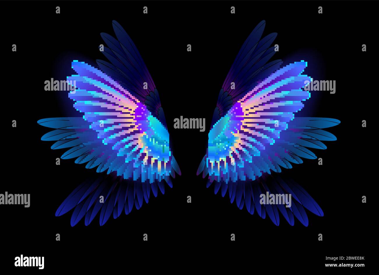 Transparent, luminous, blue, iridescent hummingbird wings on dark background. Stock Vector
