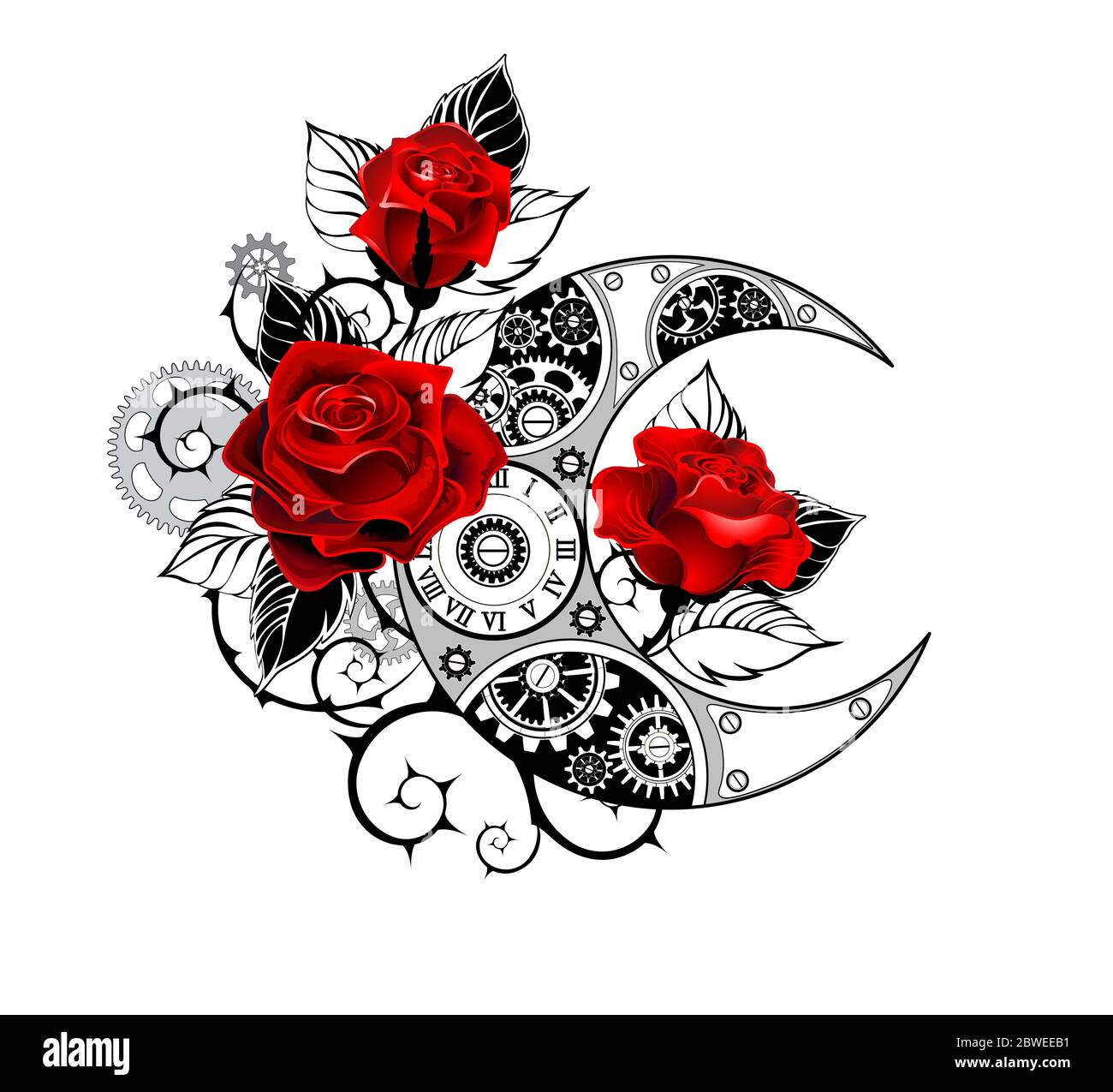 Contour, mechanical crescent moon with gears, decorated with red roses with black spiked stems and leaves on white background. Tattoo style. Stock Vector