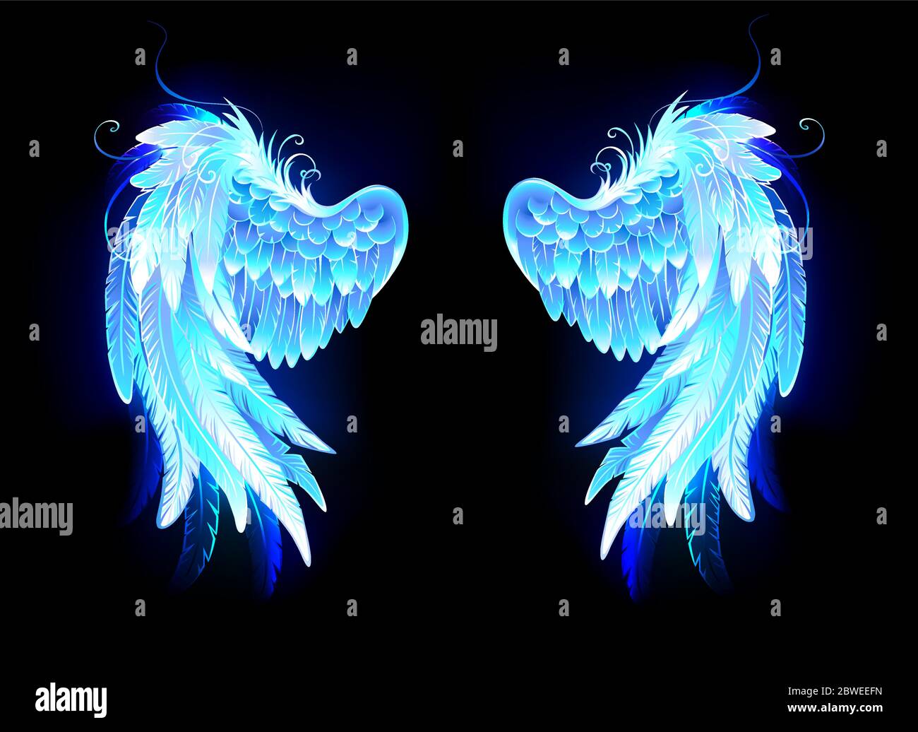 Blue, glowing, folded, stylized angel wings on black background. Stock Vector