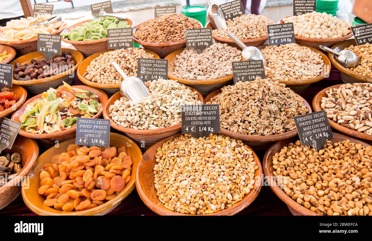 Selection of dried fruits and nuts for sale at Sineu market, Mallorca