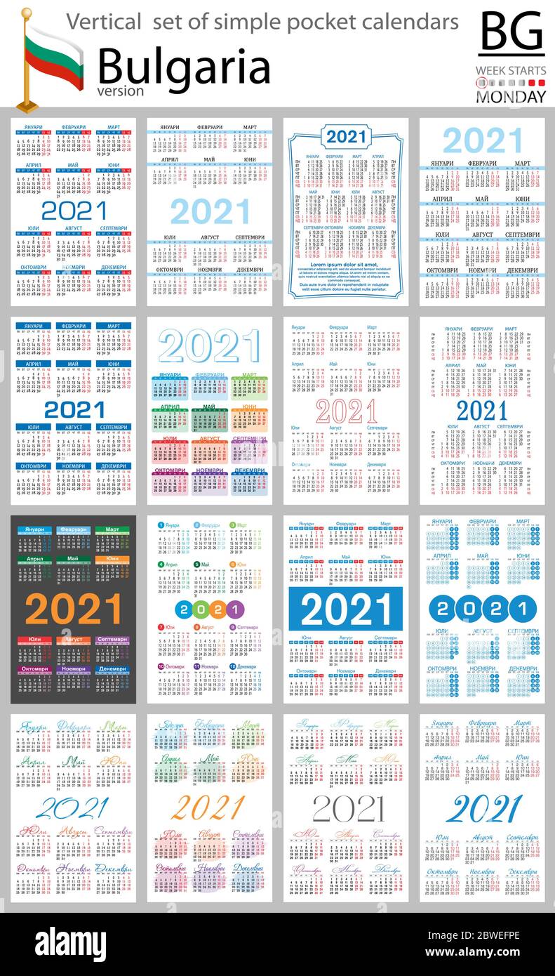 Bulgarian vertical set of pocket calendars for 2021 (two thousand twenty one). Week starts Monday. New year. Color simple design. Vector Stock Vector