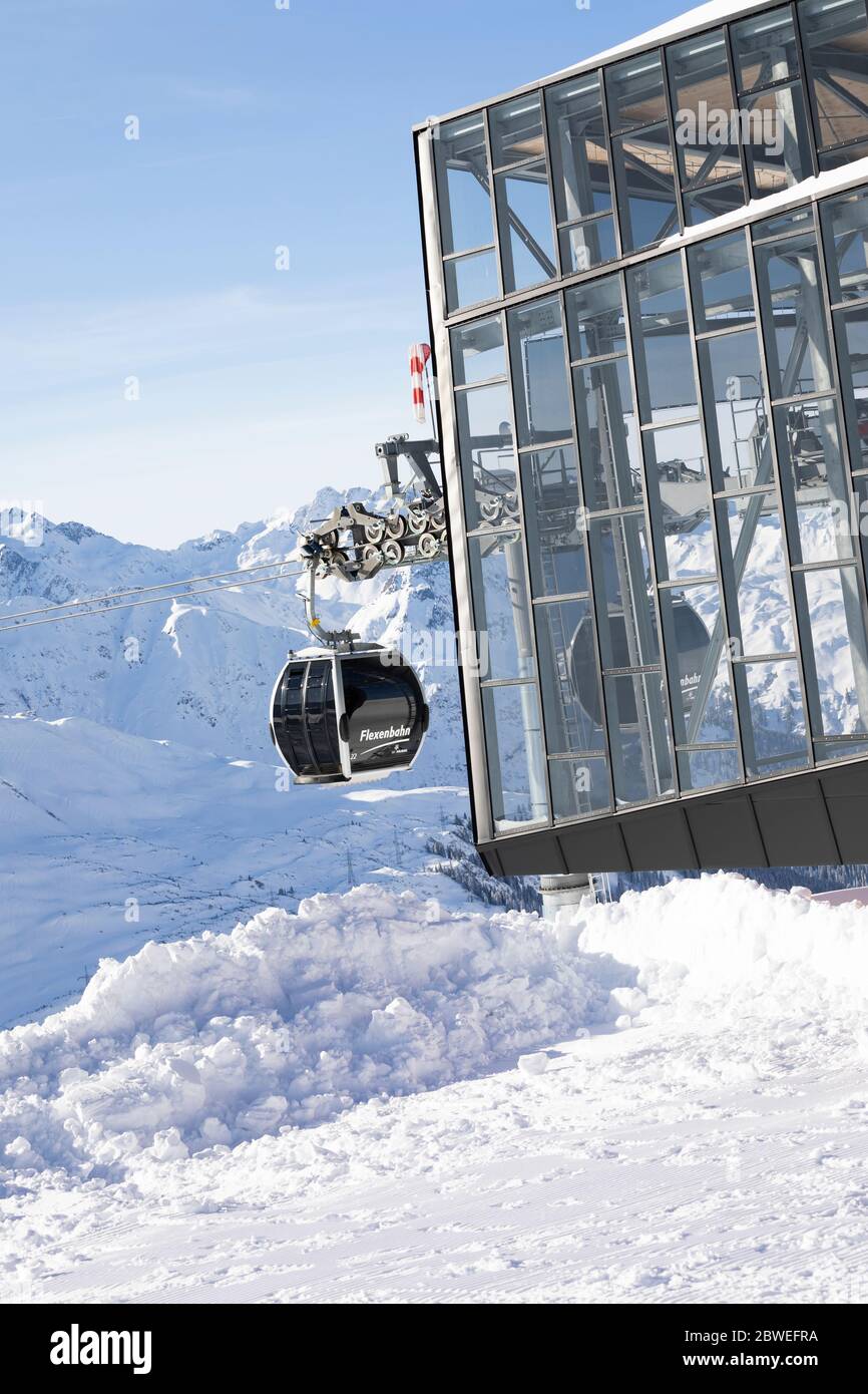Lech am Arlberg,Austria; February 30, 2020: modern gondola lift called Flexenbahn in the alps Stock Photo