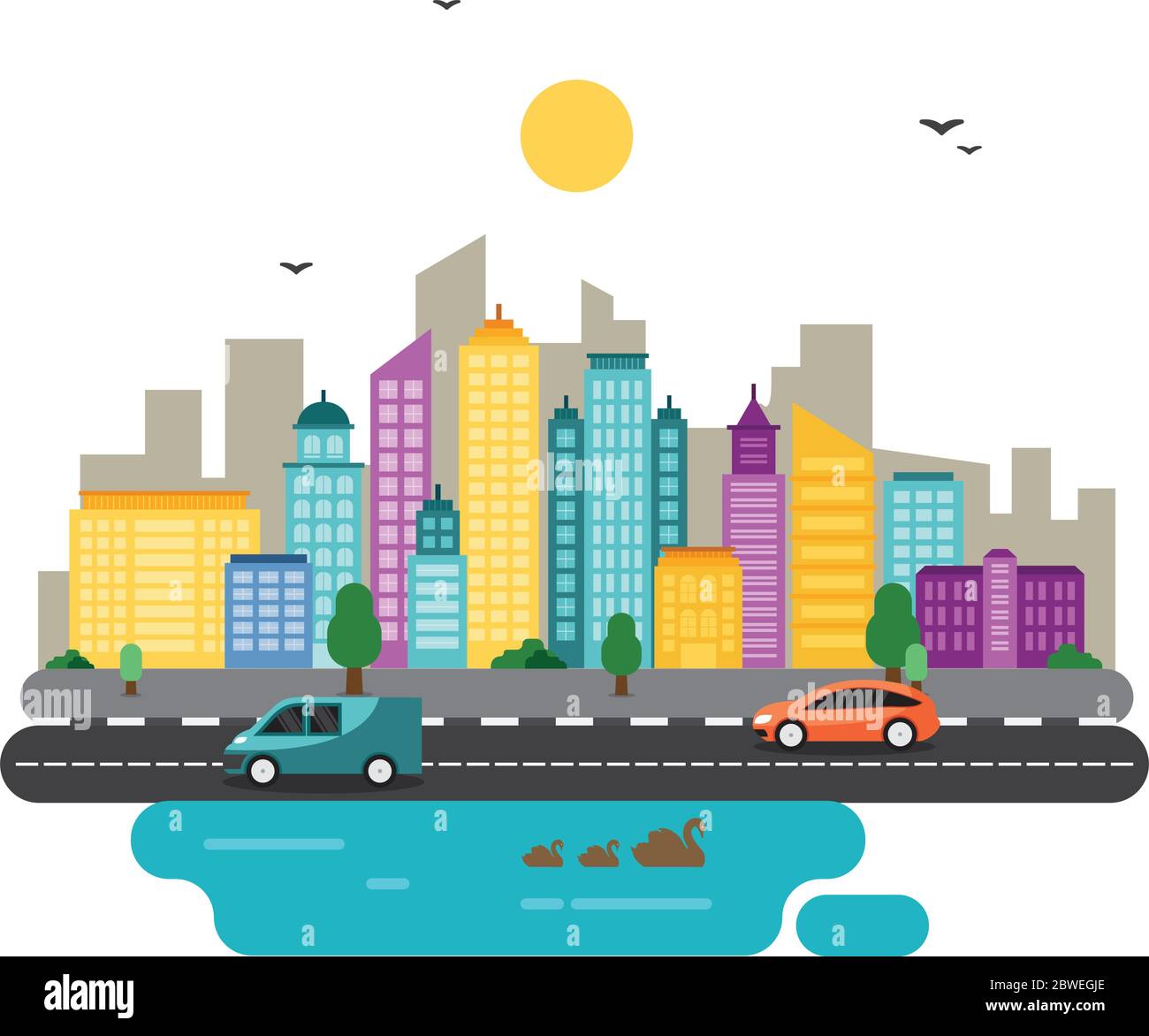 City Cityscape Skyline Landmark Building Traffic Street Illustration ...