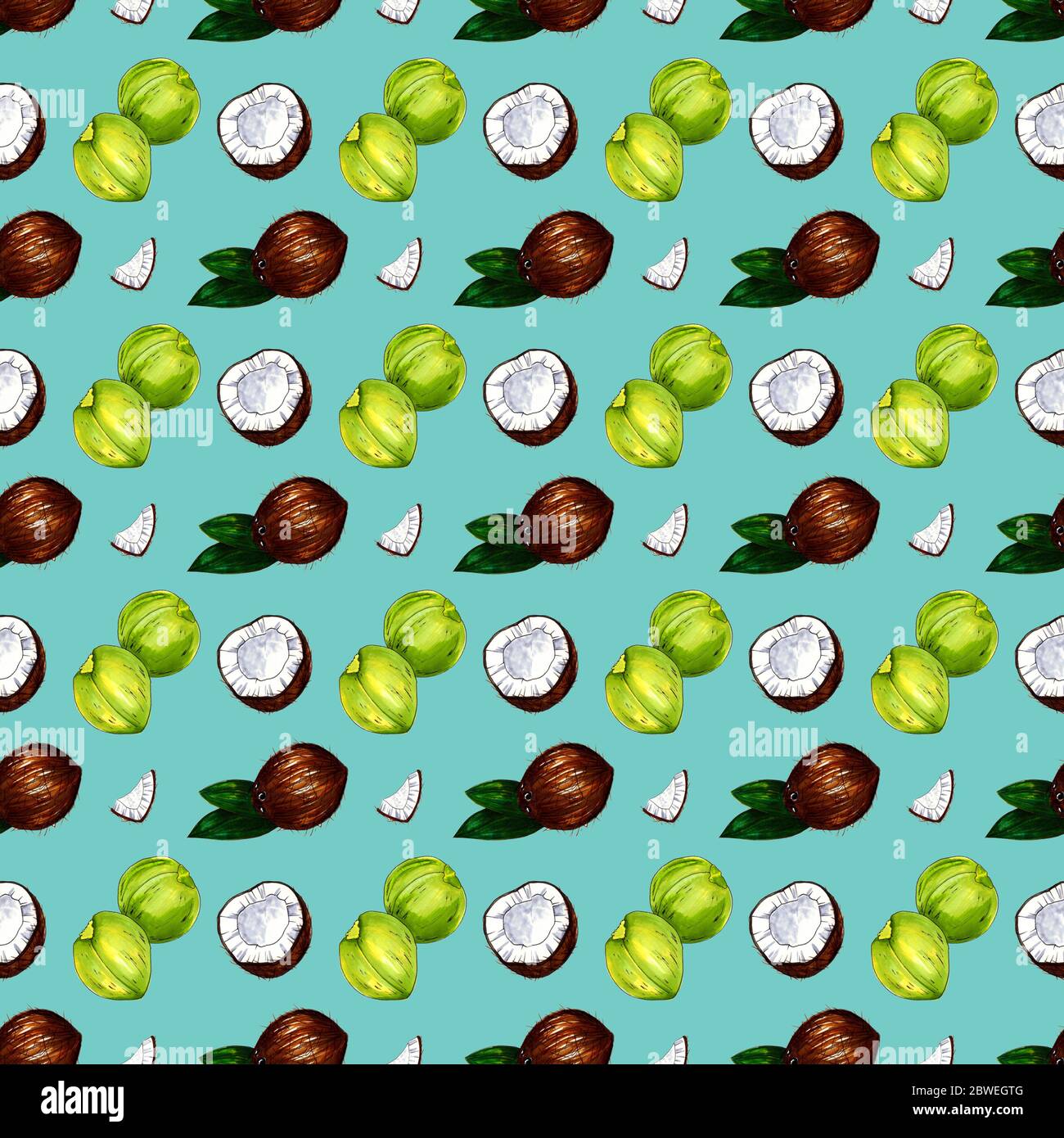 Seamless background with a pattern of sliced coconut and green fruit ...