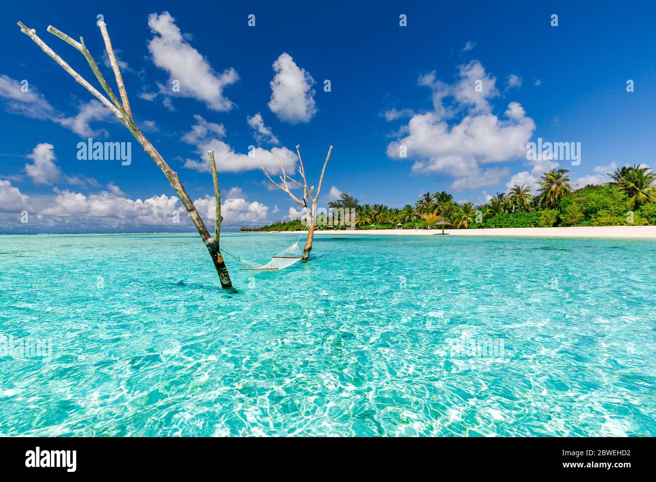 Luxury water hammock in paradise island sea lagoon. Summer beach travel and exotic vacation destination. Inspirational tropical beach travel landscape Stock Photo