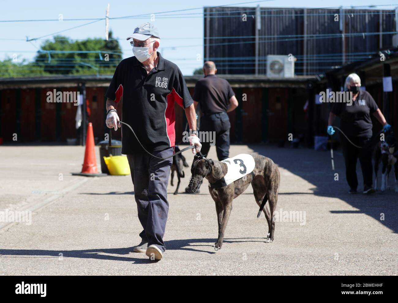 Im Sophie is led to the track for the 10:21 race at Perry Barr Greyhound Stadium. Issue date: Monday June 1, 2020. See PA story SPORT Coronavirus Resumption. Photo credit should read: David Davies/PA Wire Stock Photo