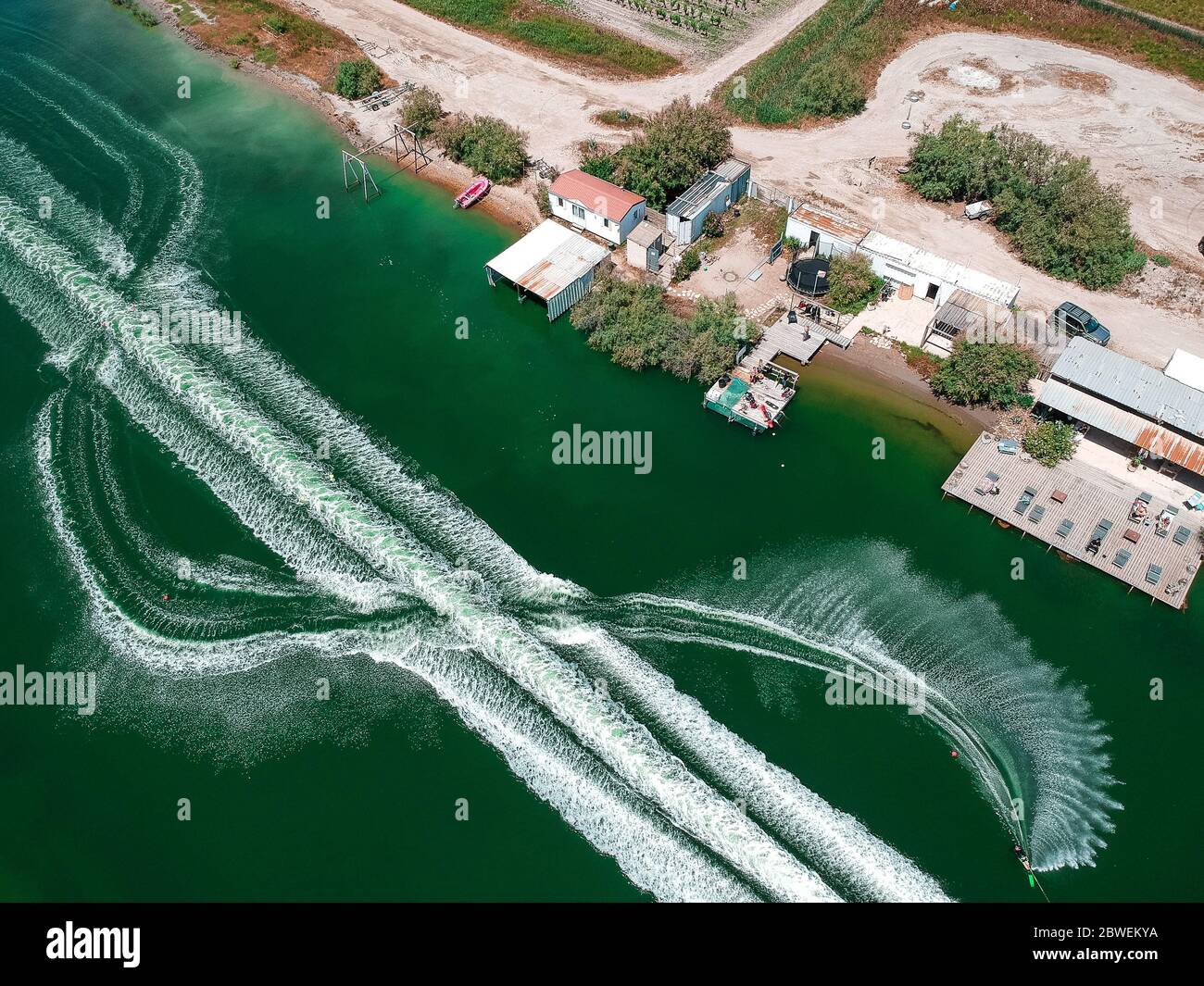 Aerial shot of a Wake surf camp, Drone shot, aerial photography, sport, Water sport Stock Photo