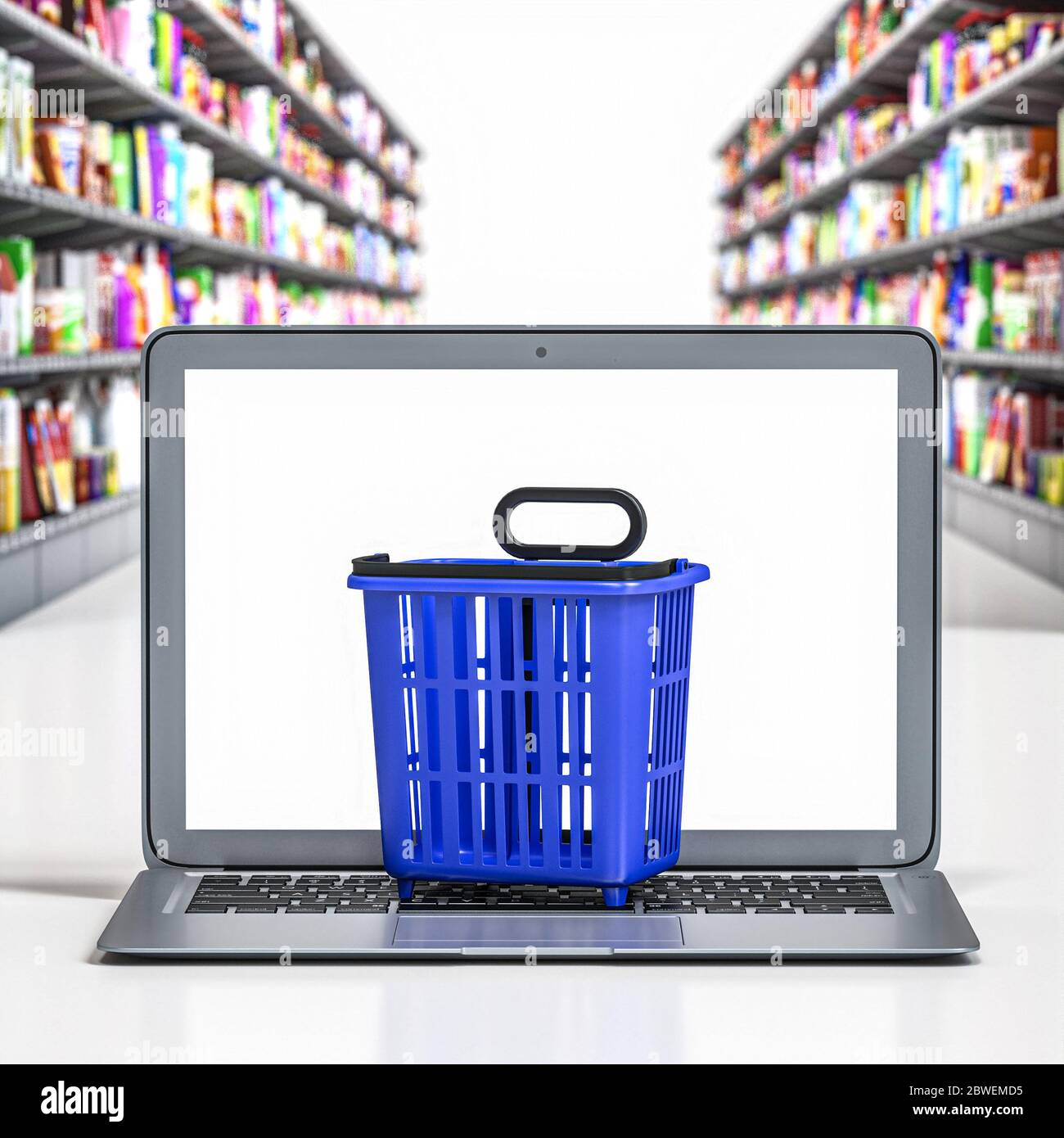 empty shopping basket on a laptop keyboard. 3d render. online shopping concept. Stock Photo