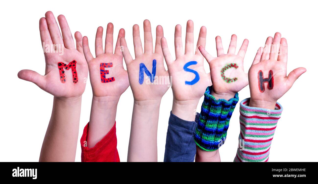 Children Hands Building Word Mensch Means Human, Isolated Background Stock Photo