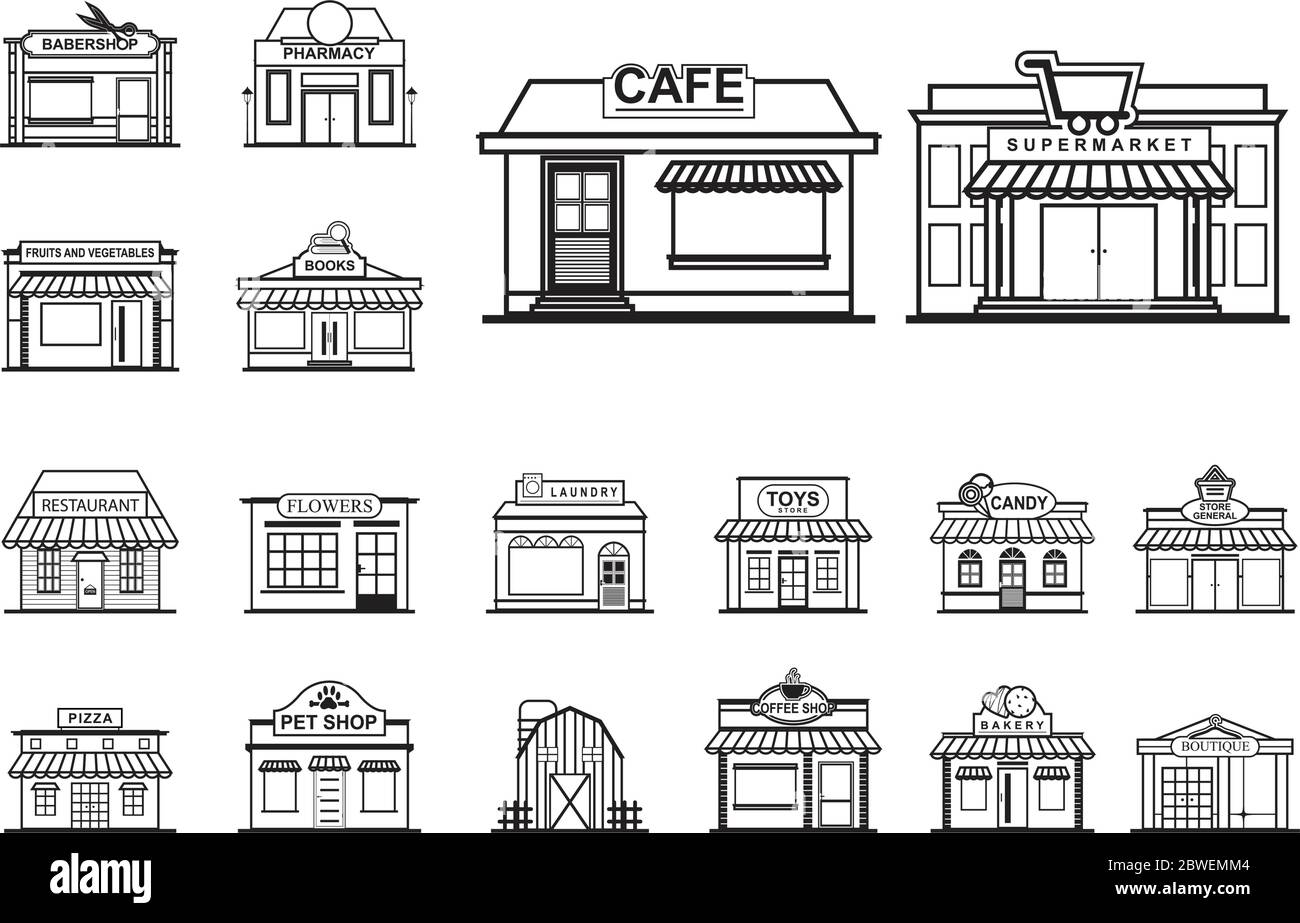 Facade Shop Store Front View Line Art Outline Style Icon Set Stock Vector