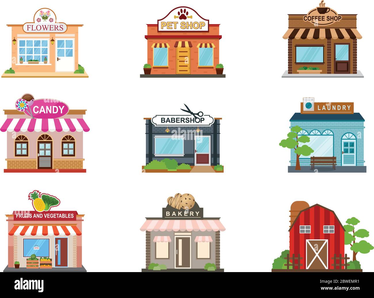 Store Facade Flower Pet Coffee Cafe Barbershop Candy Shop Front View Flat Icon Stock Vector