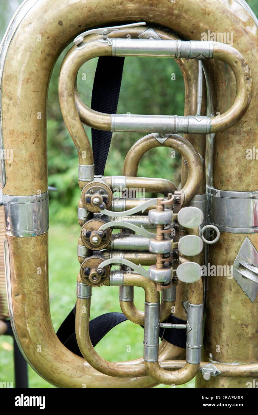 close up of an old brass instrument from the alps Stock Photo