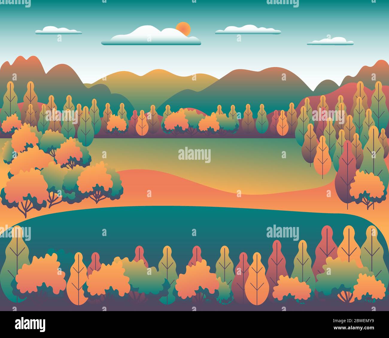 Hills and mountains landscape in flat style design. Beautiful bright field with grass, meadow, lake or river and sky. Rural location in the forest, tr Stock Vector
