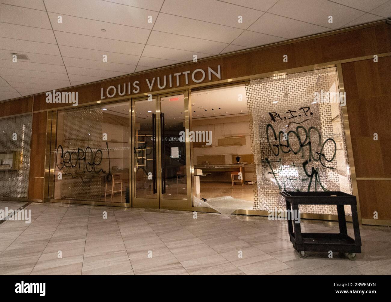 May 31, 2020, Boston, Massachusetts, USA: Looted Louis Vuitton store front  inside Copley Place in