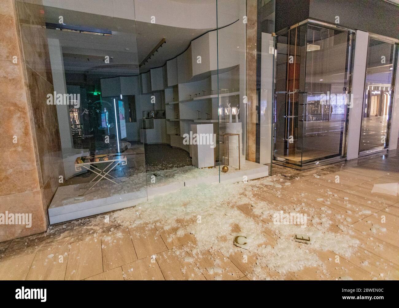 May 31, 2020, Boston, Massachusetts, USA: Looted Louis Vuitton store front  inside Copley Place in