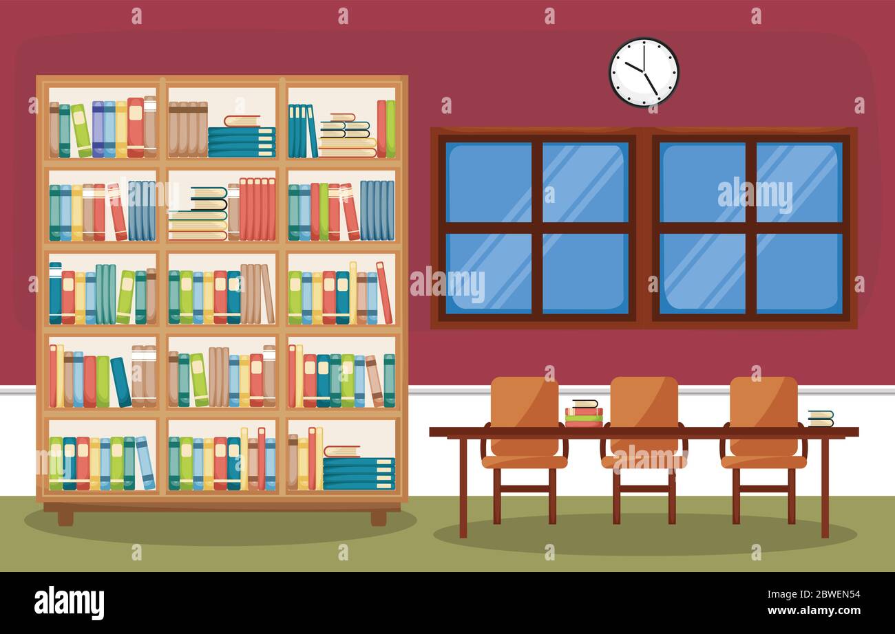 Public Library Interior Stack of Book on Bookshelf Flat Design Stock Vector